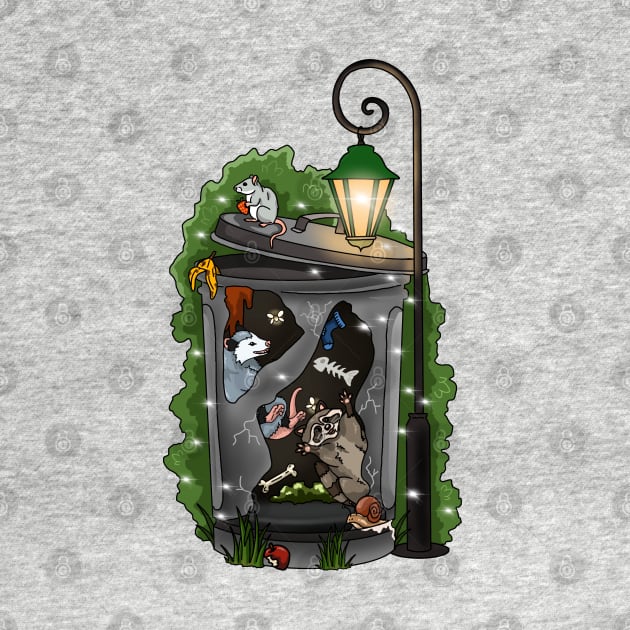 Opossum and raccoon in a trash can having fun by The Christmas Lady